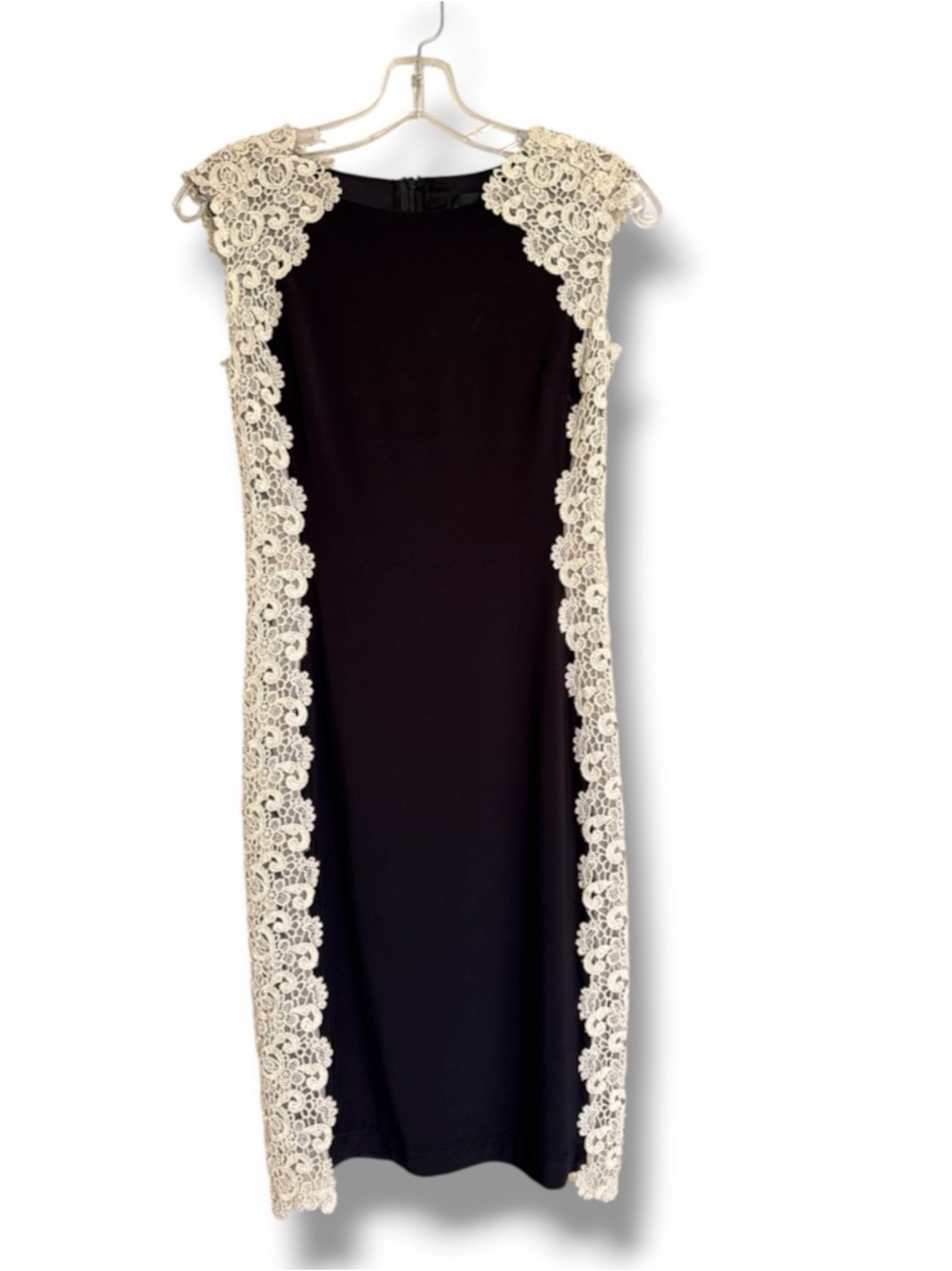 Xscape Black Jersey Sheath Dress with Metallic Lace Side Panels Size 4